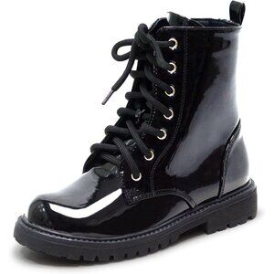 🆕Girl Black Patent Polyurethane Side Zipper Combat Ankle Boot Little Big Kid